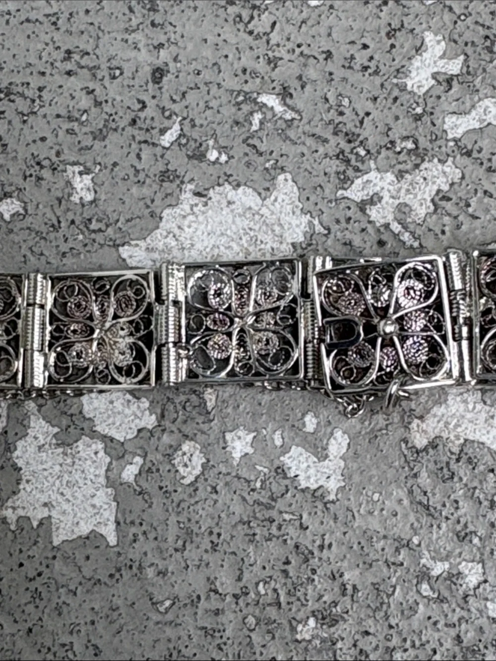 Vintage silver square panel filigree bracelet